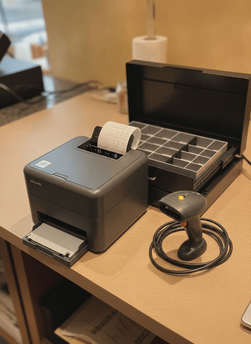 Bondrucker, Barcodescanner und Kassenlade als Kassenzubehör